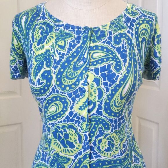 ANN TAYLOR Crew Neck Cardigan Sweater Short Sleeve Blue Green Yellow Pai… - Picture 3 of 12